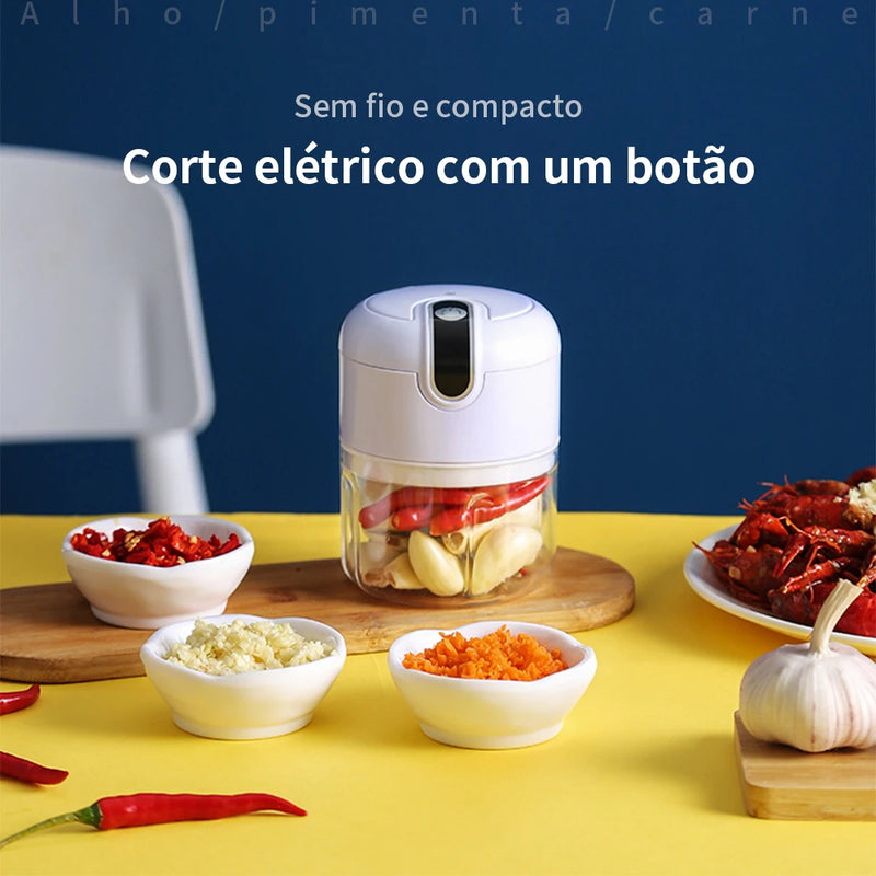 Miniprocessador Triturador de Alimentos Elétrico Sem Fio com 3 Lâminas de Aço Inoxidável - Ideal para Alho, Cebola, Pimenta e Temperos"