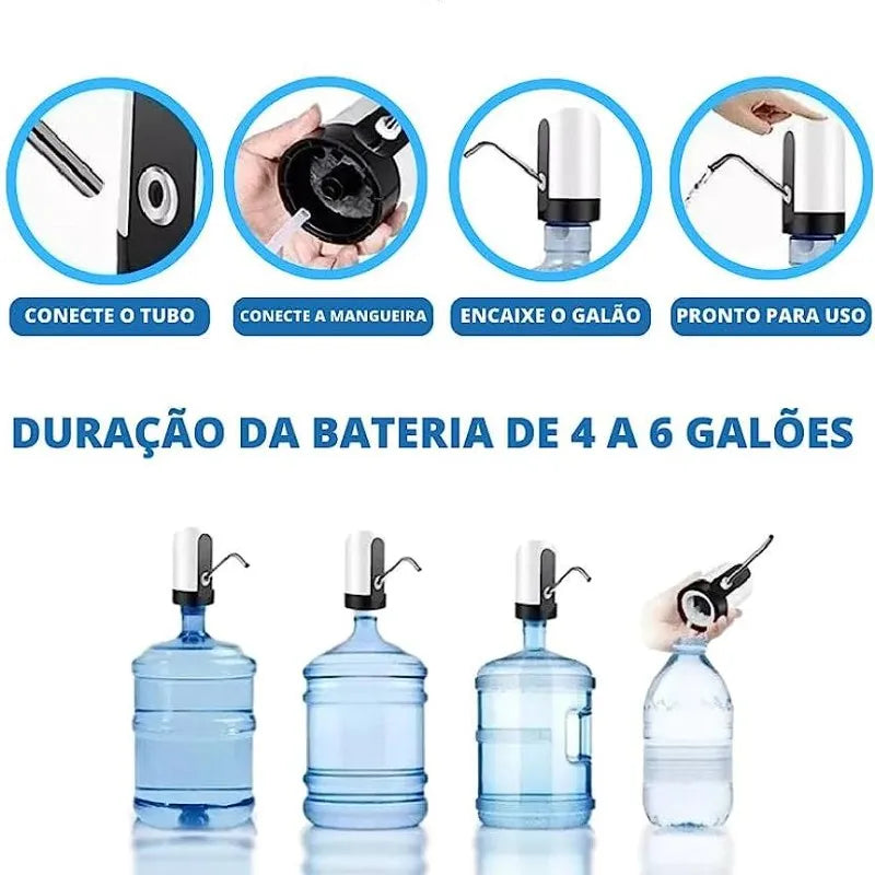 Bomba Elétrica Bebedouro Recarregável USB para Garrafão Galão D'água 5 a 20 Litros